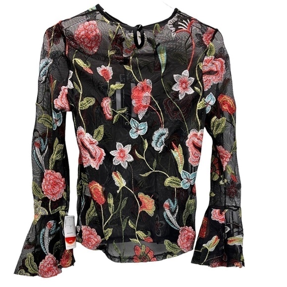 Piano C Top Shirt S Black Sheer Flower Embroidered Bell Sleeve NWT Whimsigoth - Picture 2 of 12